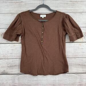 Bohme 1/2 Snap Puffed Sleeve Blouse Womens Medium Brown Metal Snaps